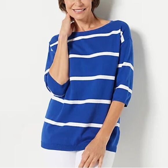Denim & Co. Striped Drop-Shoulder Boat Neck Sweater - Picture 1 of 5
